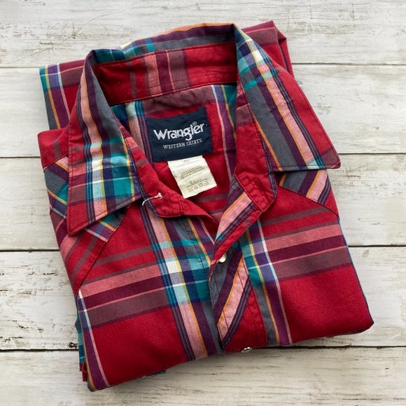 Wrangler Men's BIG & TALL Western Pearl Snap Button Short Sleeve Red Plaid 16.5 - Picture 8 of 8